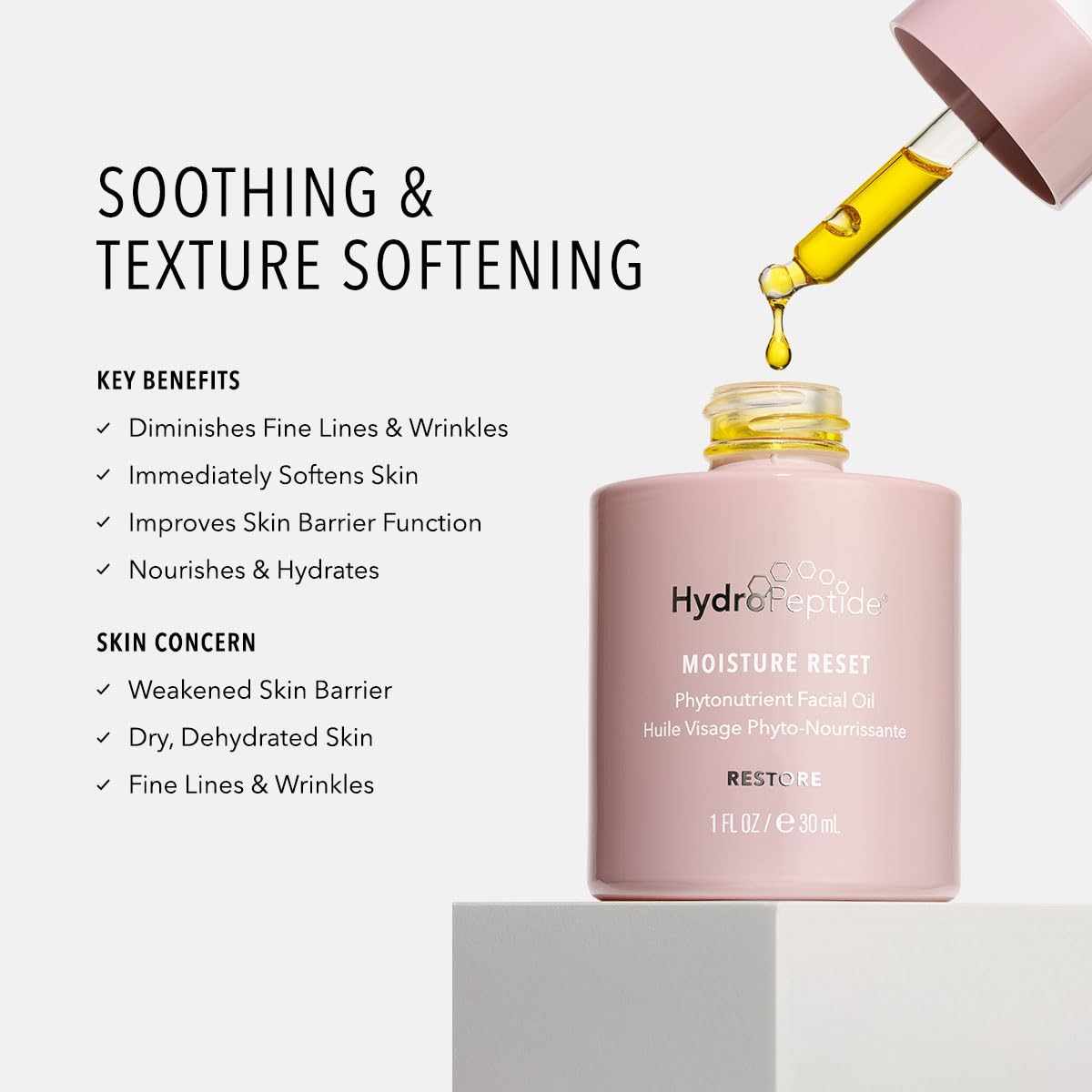 HydroPeptide dropper dispensing oil highlighting easy, controlled application