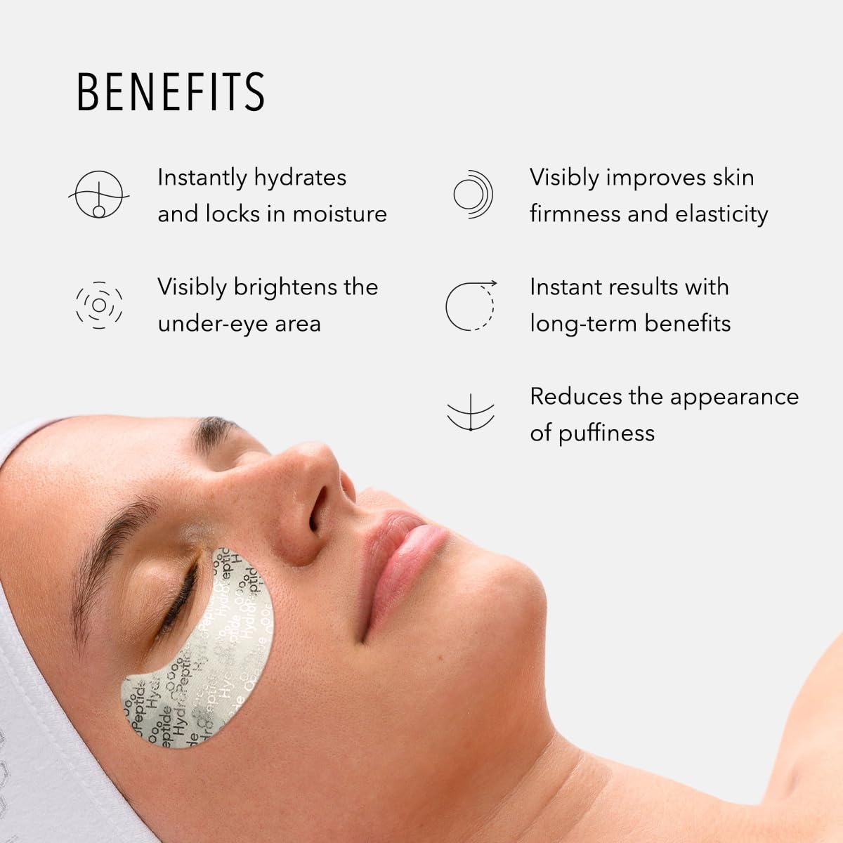 HydroPeptide patch applied under eye demonstrating instant cooling and hydration