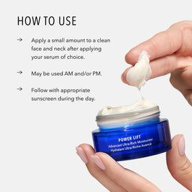 Hand applying HydroPeptide Power Lift cream demonstrating smooth application and plumping