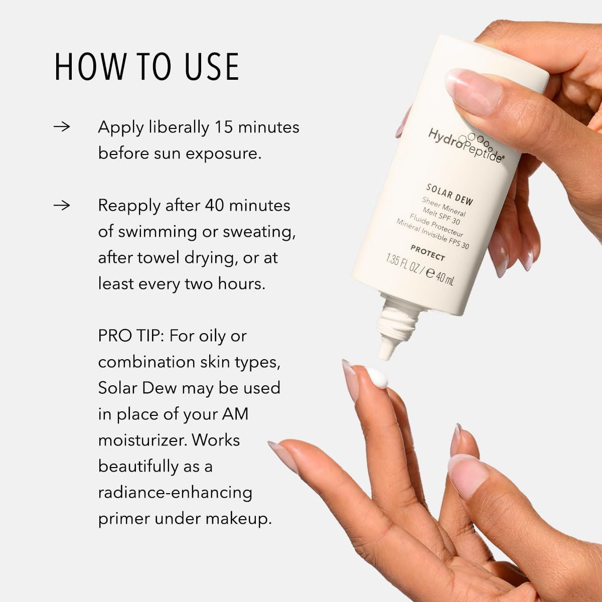 HydroPeptide product on hand showing coverage and true-to-size benefit