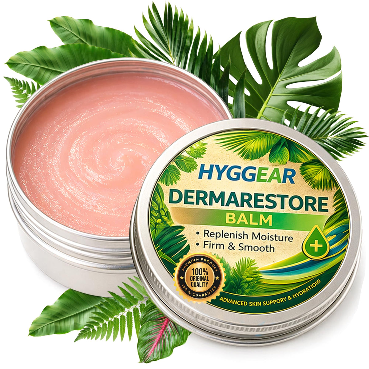 Hyggear Derma Restore Balm front packaging showing compact tin benefits travel-friendly