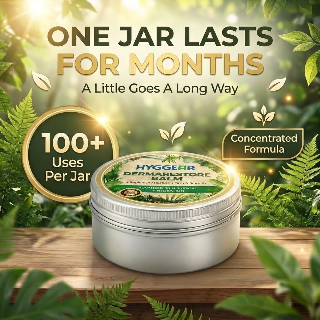 Hyggear Derma Restore Balm label close-up showing ingredient highlights and user guidance