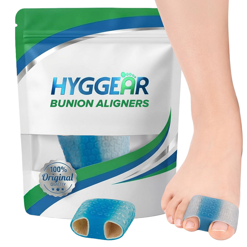 Hyggear front packaging showing blue bunion corrector and key benefits