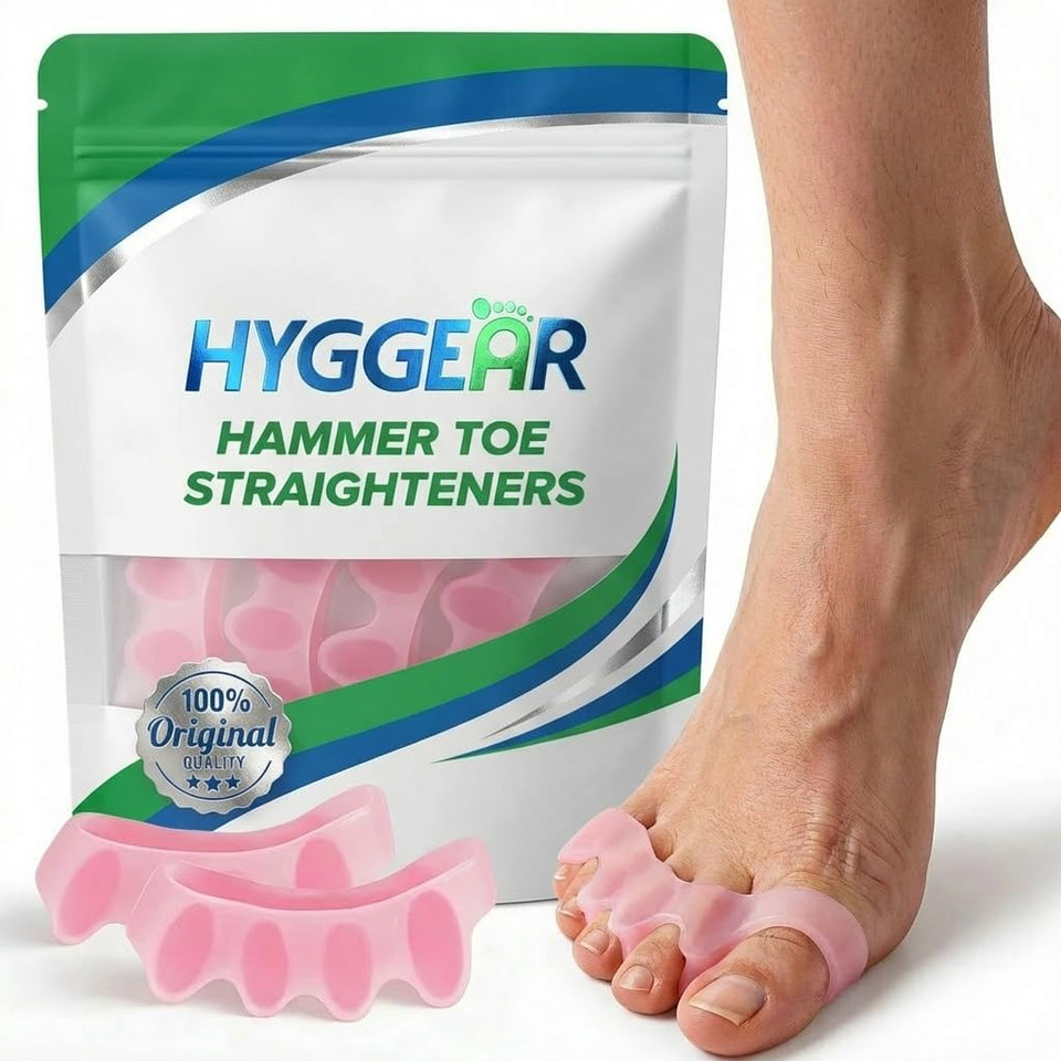 Hyggear front view of pink toe separators pair showing shape and fit benefit