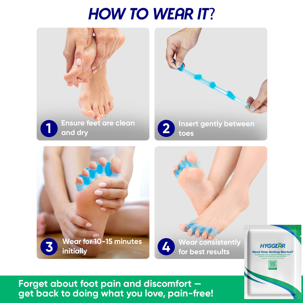 Hyggear toe spacers in a relaxing bedroom scene promoting everyday comfort