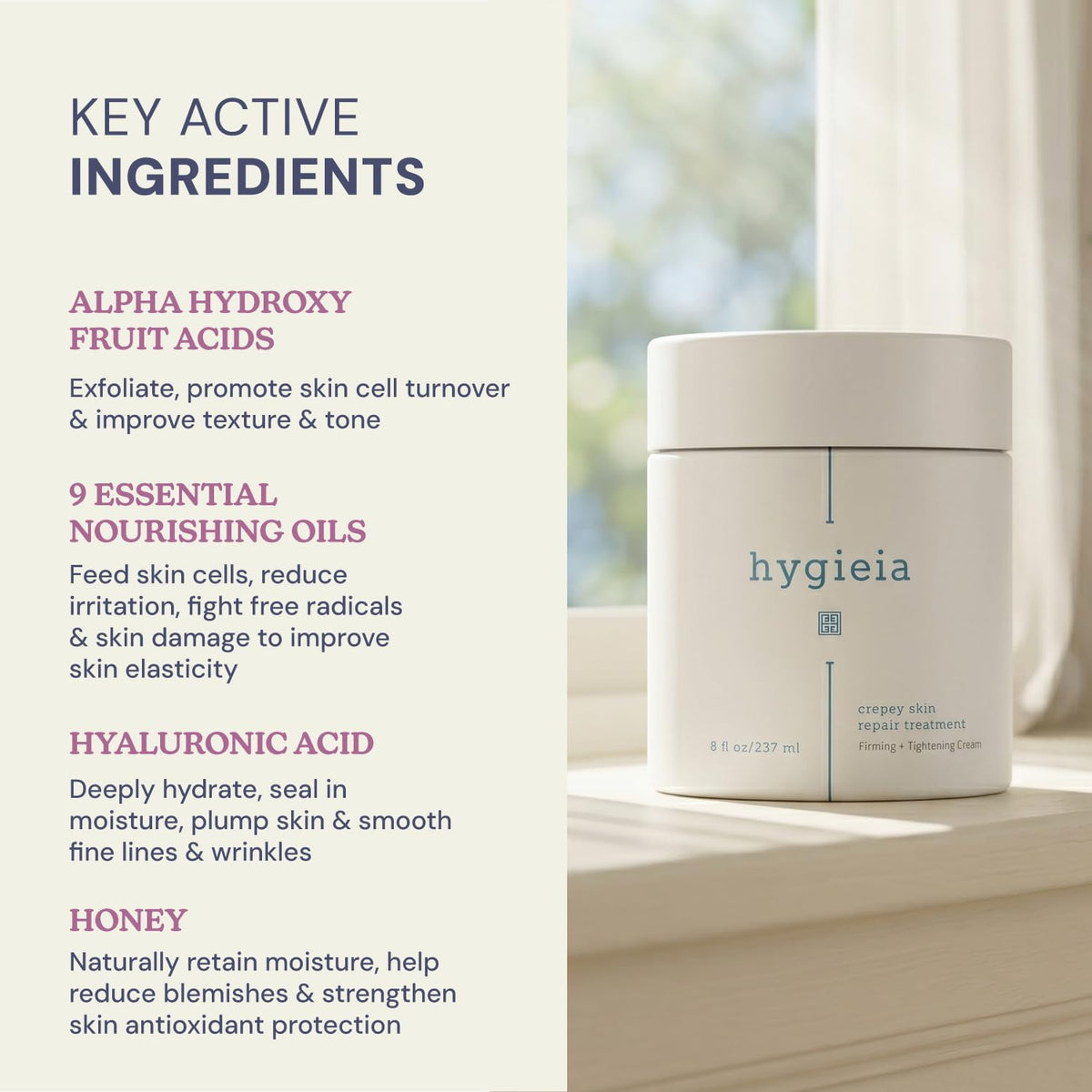Hygieia + hyaluronic acid and jojoba oil concept shot showing nourishing ingredients