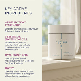 Hygieia + hyaluronic acid and jojoba oil concept shot showing nourishing ingredients