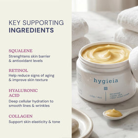 Hygieia + applied to neck in lifestyle shot showing firmer-looking skin benefit
