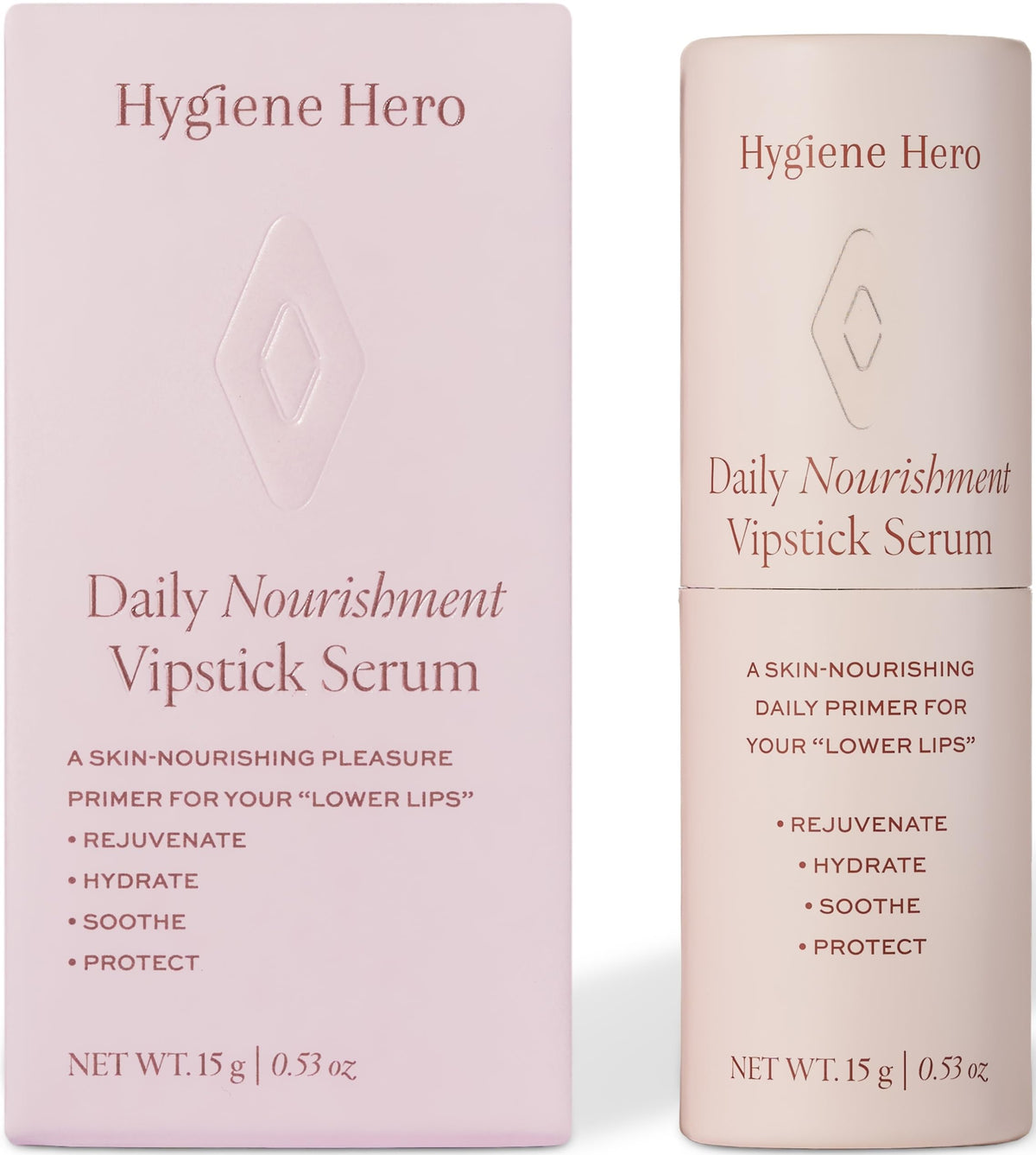 Hygiene Hero Vipstick Serum tube front view showing travel-friendly applicator and benefits