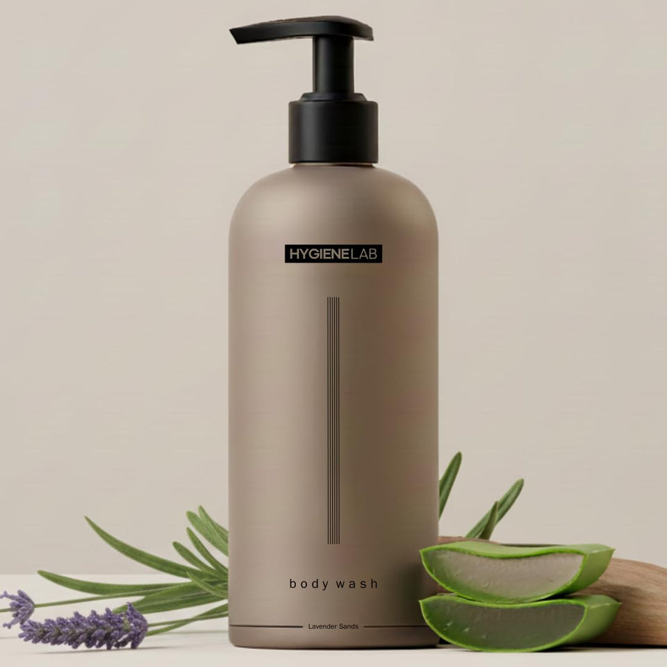 HygieneLab front packaging showing 10 oz bottle and Lavender Sands scent benefit