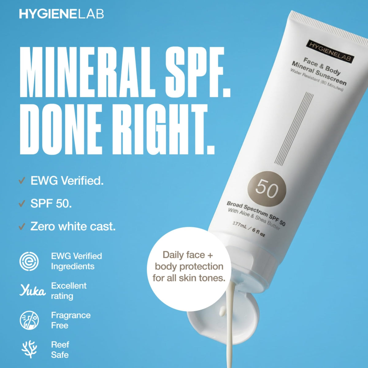 HygieneLab SPF 50 being applied to forearm, blends without white cast