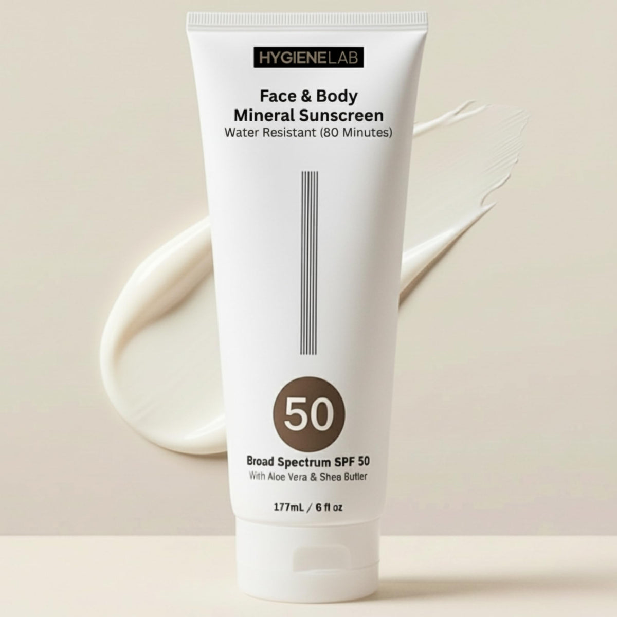 HygieneLab SPF 50 front tube showing branding and size, clear protection benefit