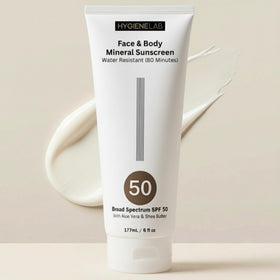HygieneLab SPF 50 front tube showing branding and size, clear protection benefit