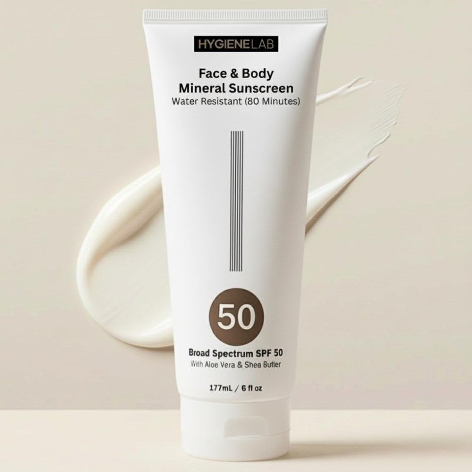 HygieneLab SPF 50 front tube showing branding and size, clear protection benefit