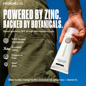 HygieneLab SPF 50 cream texture close-up, sheer finish absorbed quickly