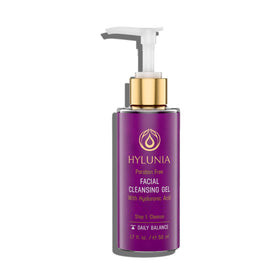 Hylunia cleansing gel front packaging showing bottle and benefits