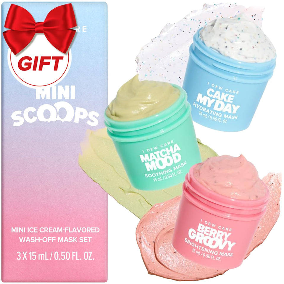 I DEW CARE trio front packaging showing travel-ready mini masks and gift appeal