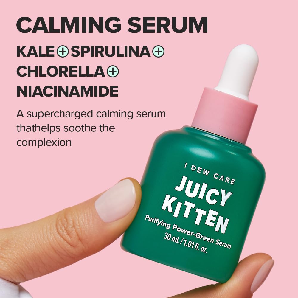 I DEW CARE serum dropper dispensing clear green serum, demonstrates easy application