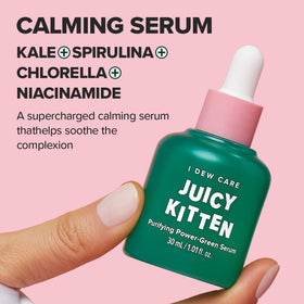 I DEW CARE serum dropper dispensing clear green serum, demonstrates easy application