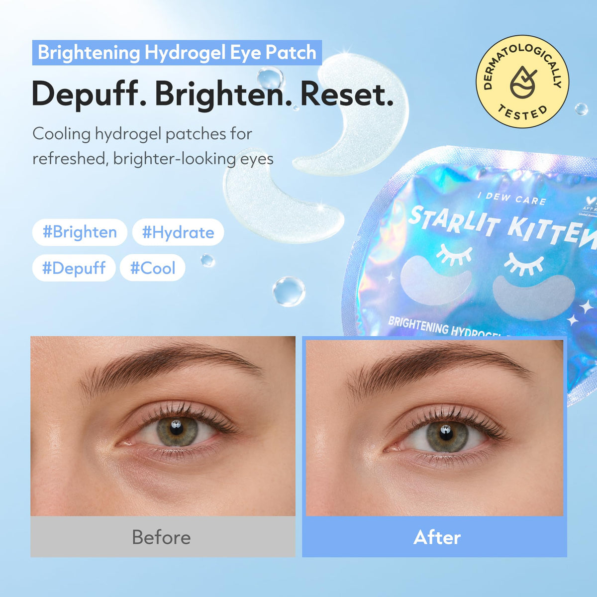 I DEW CARE open pod with single hydrogel patch and sparkle details