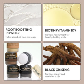 I DEW CARE tinted powder on dark hair strand to minimize white residue