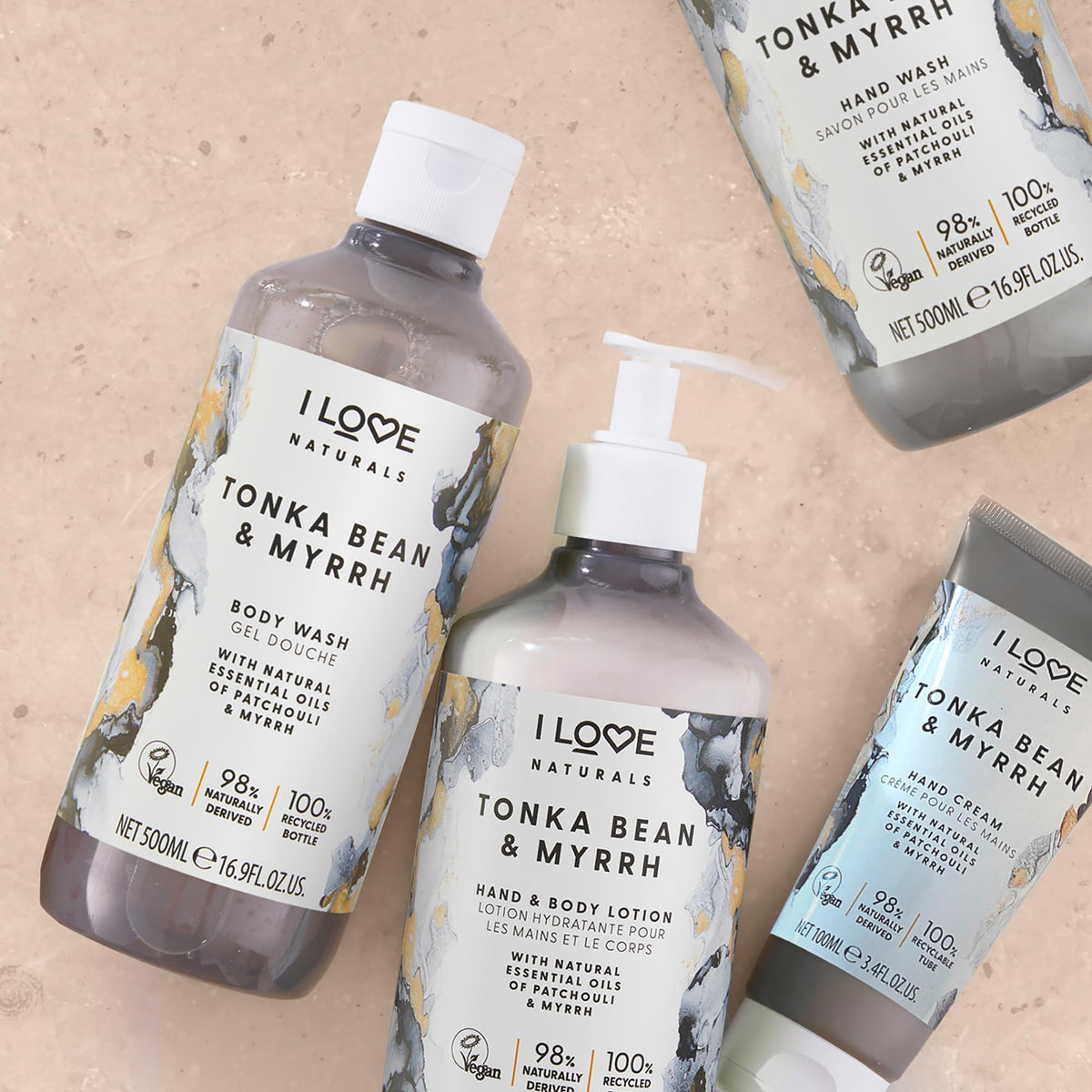 I LOVE lifestyle shot in bathroom, showing relaxing routine and comforting tonka-myrrh scent