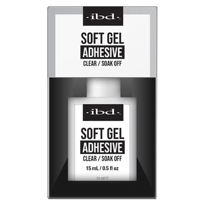 IBD soft gel adhesive front packaging showing bottle and label, clear professional finish