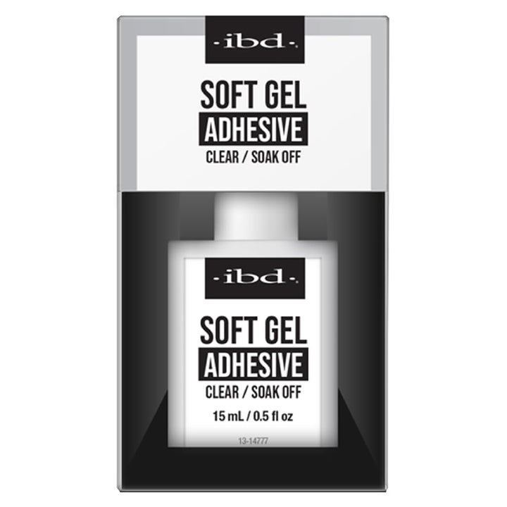 IBD soft gel adhesive front packaging showing bottle and label, clear professional finish