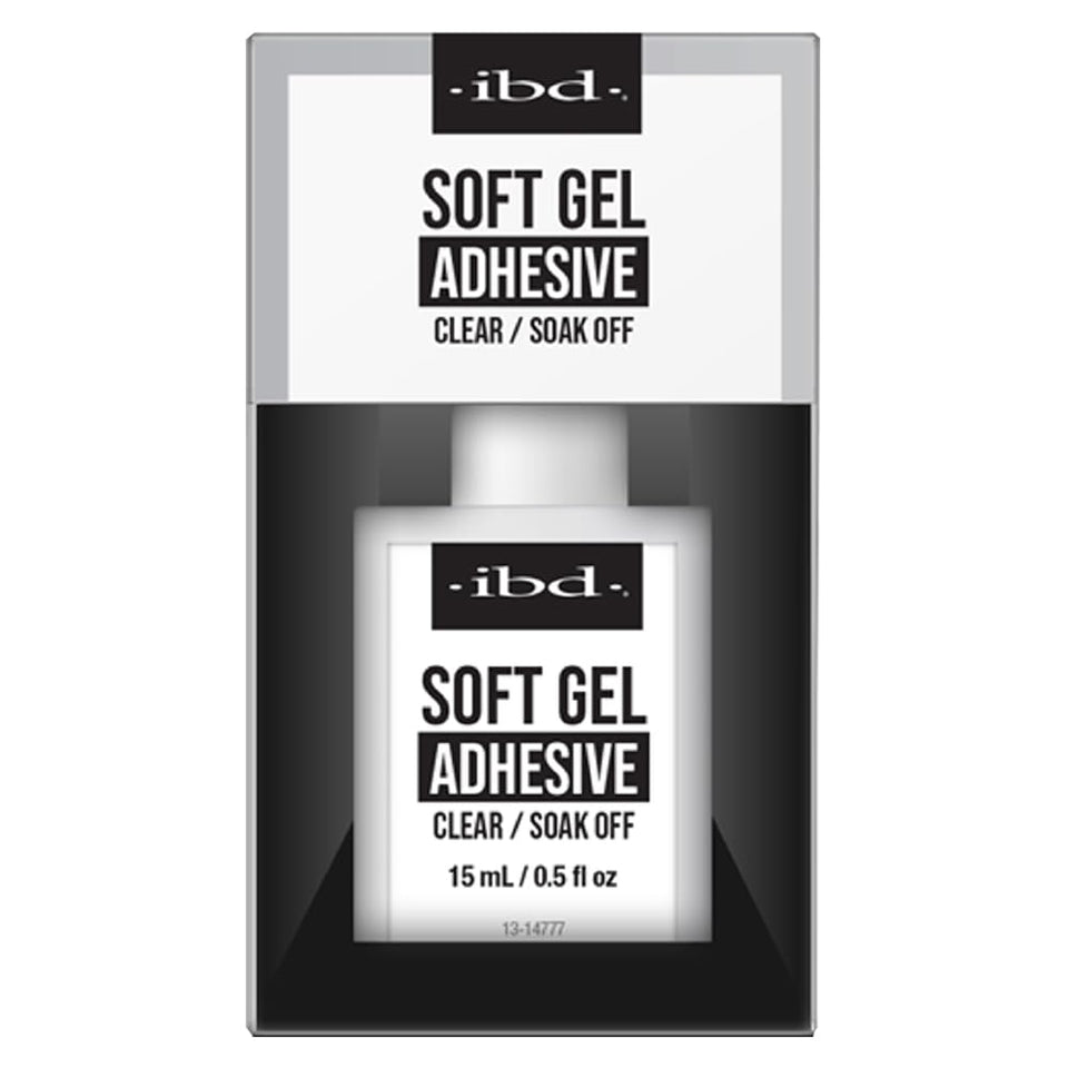 IBD soft gel adhesive front packaging showing bottle and label, clear professional finish