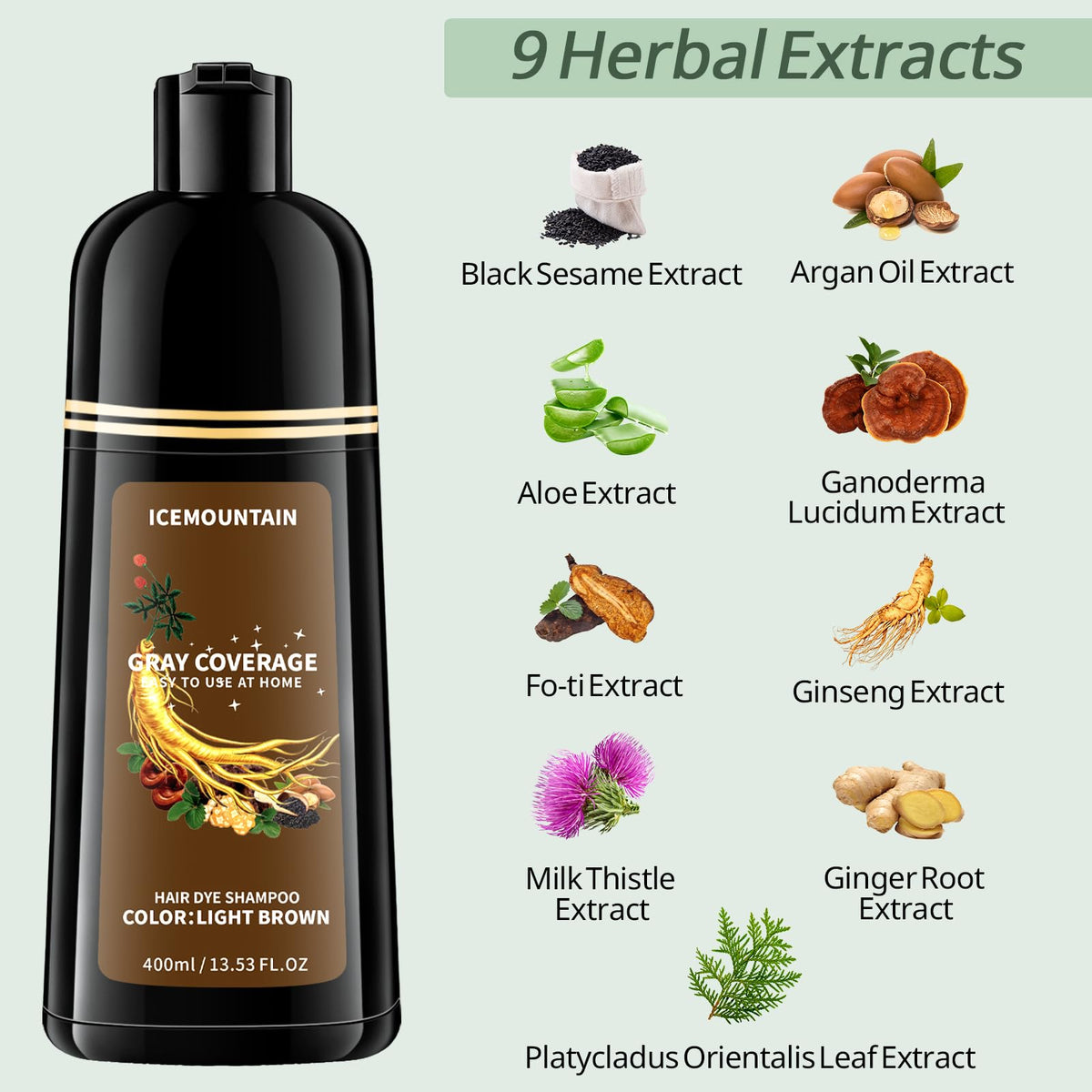 ICEMOUNTAIN label highlighting nine herbal ingredients and nourishing care