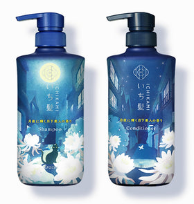 Ichikami set on bathroom shelf lifestyle shot suggesting everyday hair care routine