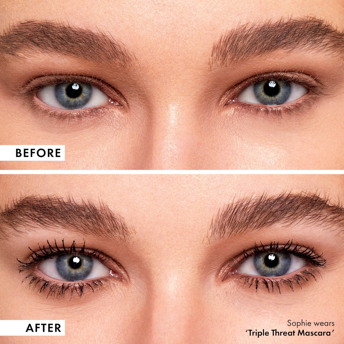 ICONIC LONDON before-and-after lashes demonstrating lifted, volumized and lengthened look