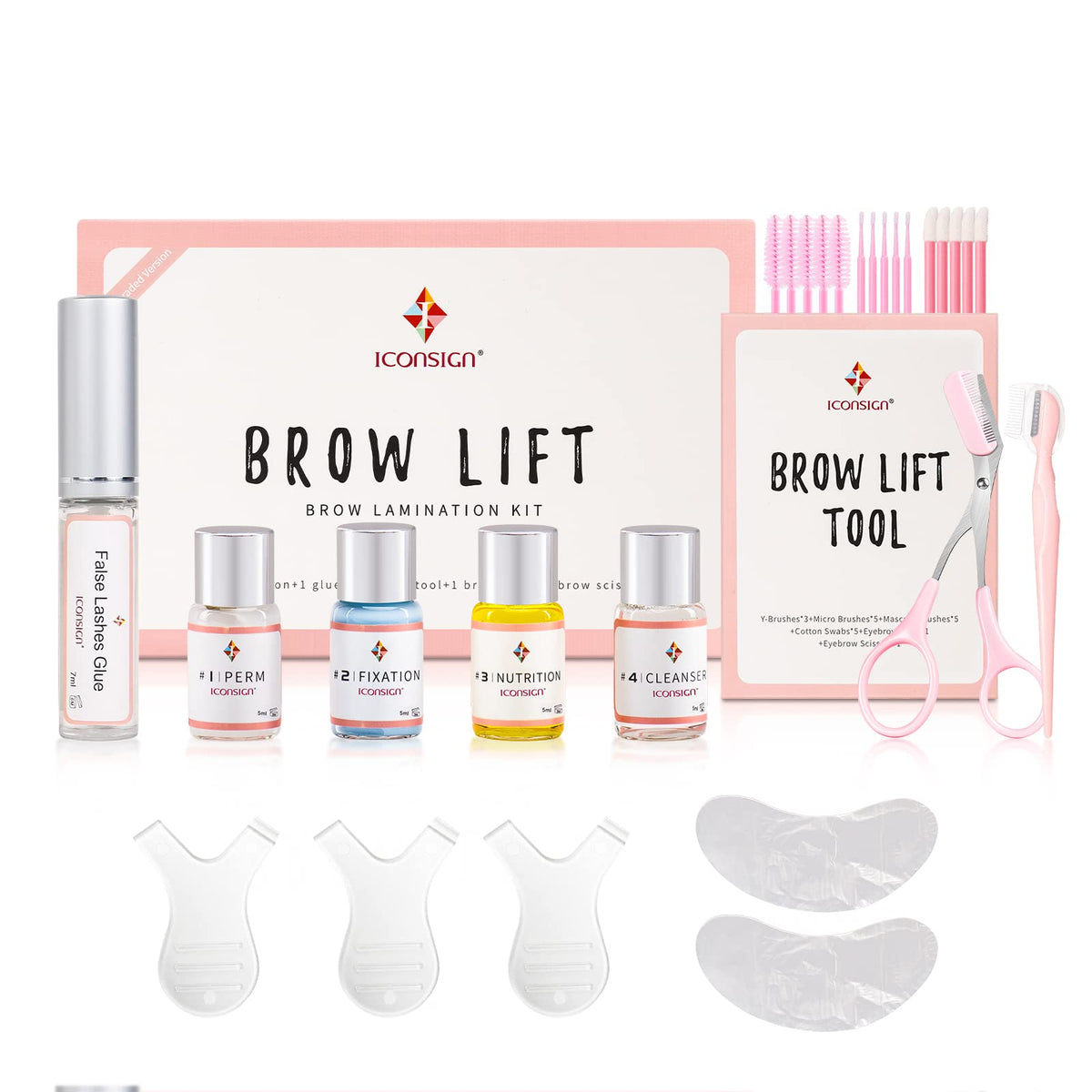 ICONSIGN front packaging showing complete brow lamination kit and contents benefit