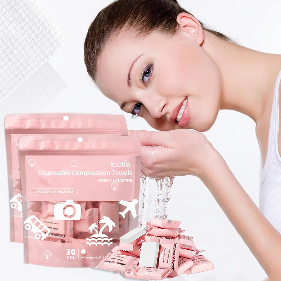 ICOTLE front packaging showing 60 compressed towels, convenient travel supply