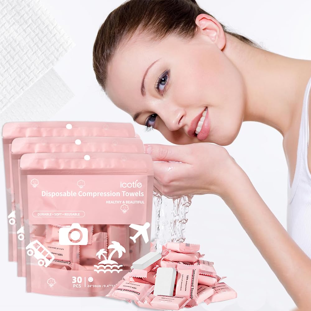 ICOTLE front packaging showing 90 compressed towels, travel-ready convenience