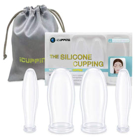 ICUPPING front view of four clear silicone cups showing kit contents and compact design benefit