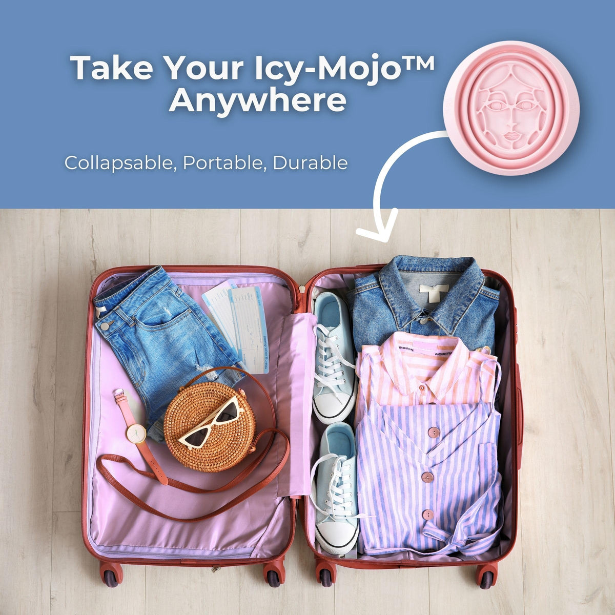 Icy-Mojo with travel pouch in a bag showing portability for on-the-go routines