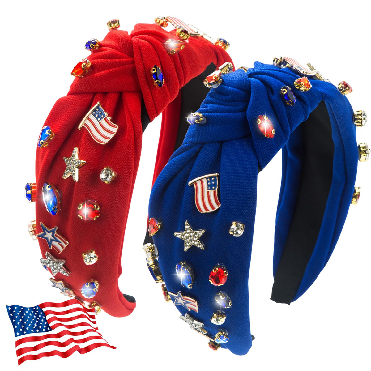 IDDFEVE front view of red and blue headbands showing festive stars and colors, boosts patriotic outfits