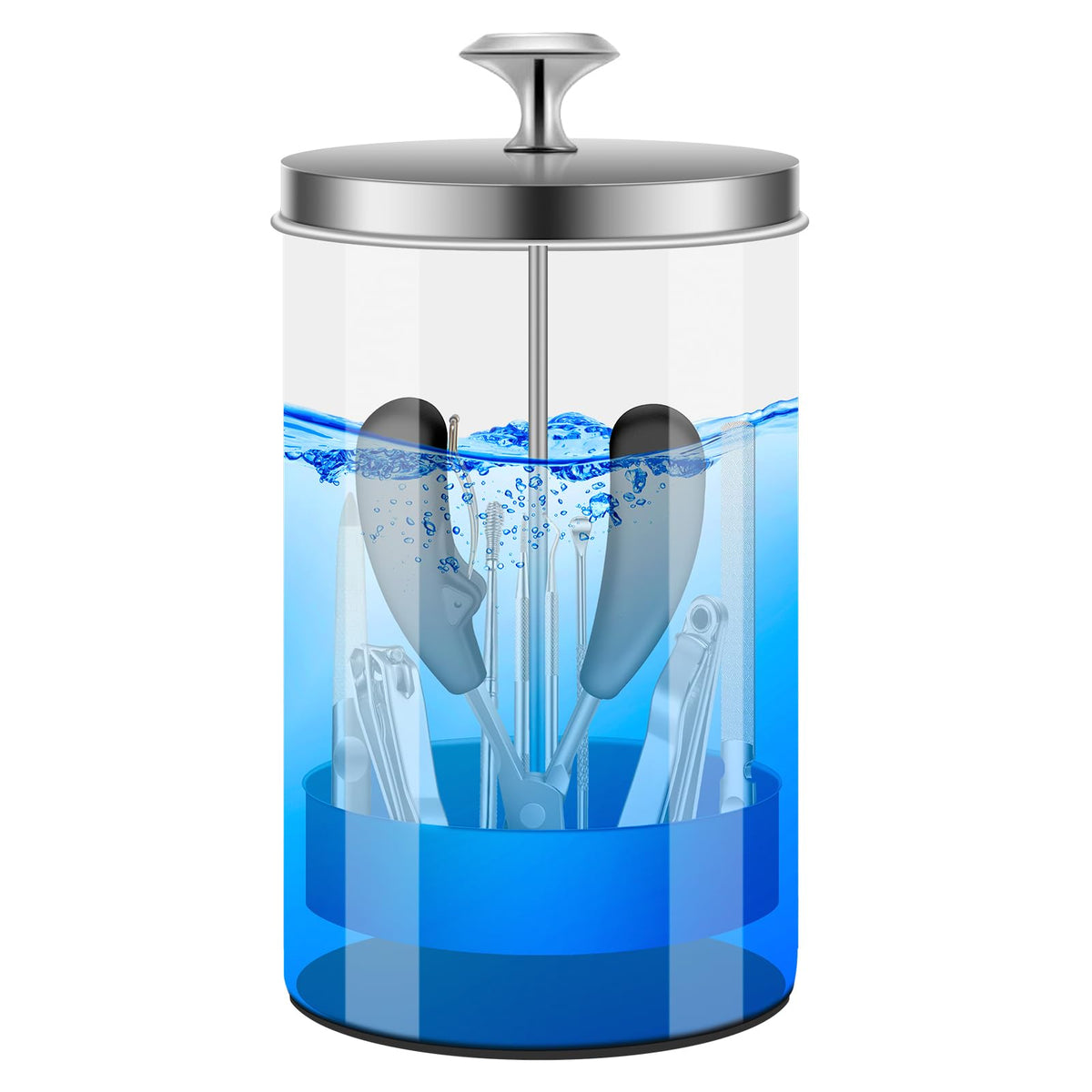 IEBARBER front view of glass disinfectant jar showing clear body and lid, professional hygiene