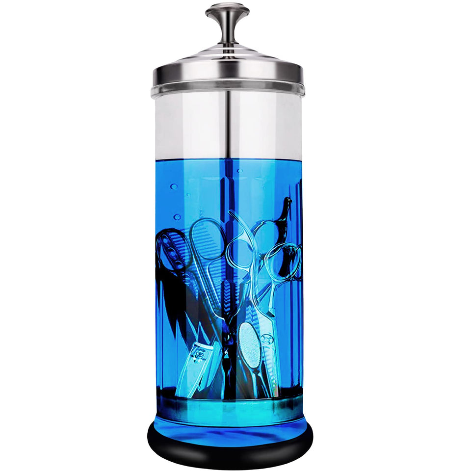 IEBARBER front view sterilizer jar showing clear glass and lid, professional storage benefit