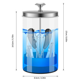 IEBARBER jar in use with scissors and clippers in basket, keeps hands away from solution