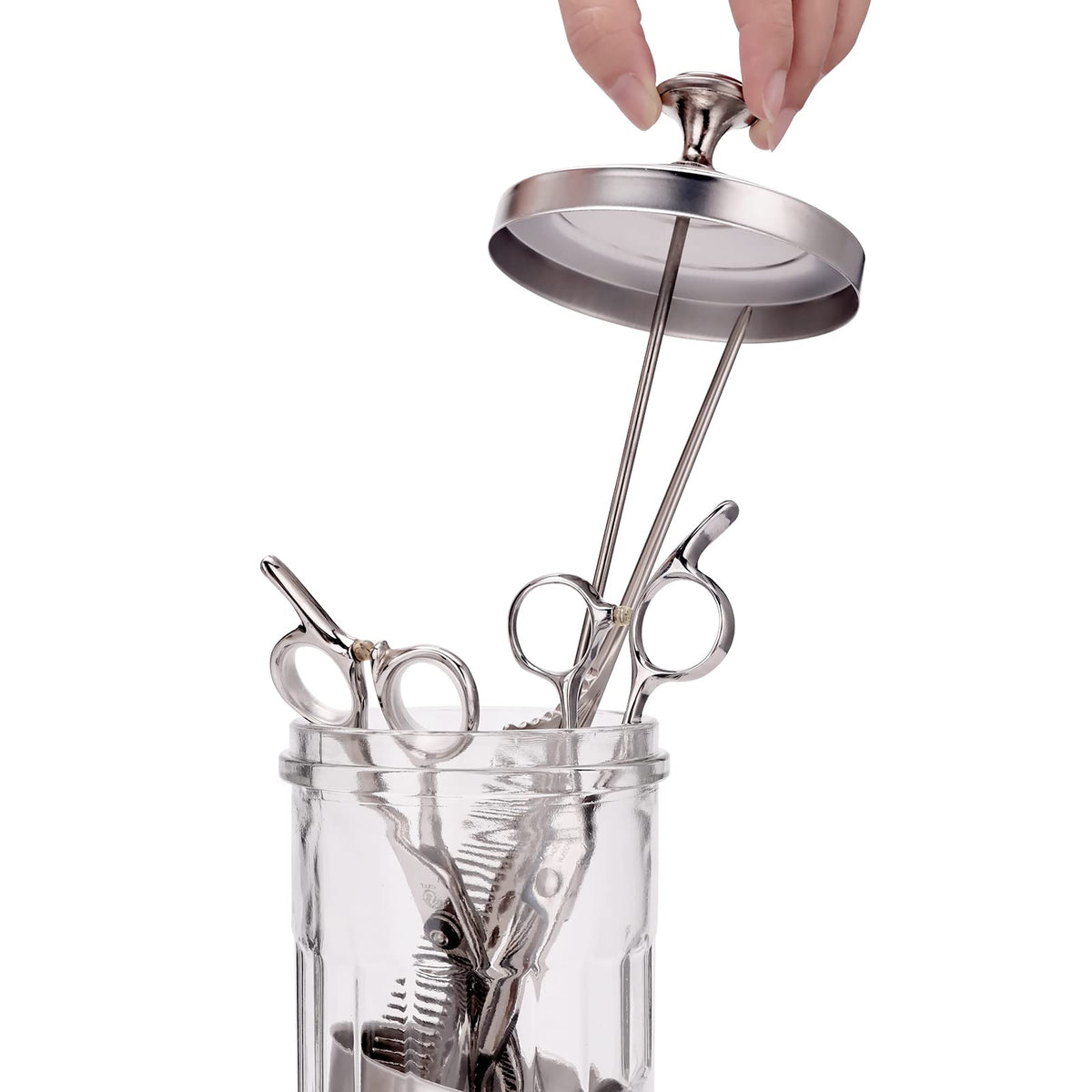 IEBARBER tools soaking inside jar showing organized sterilization and easy monitoring benefit