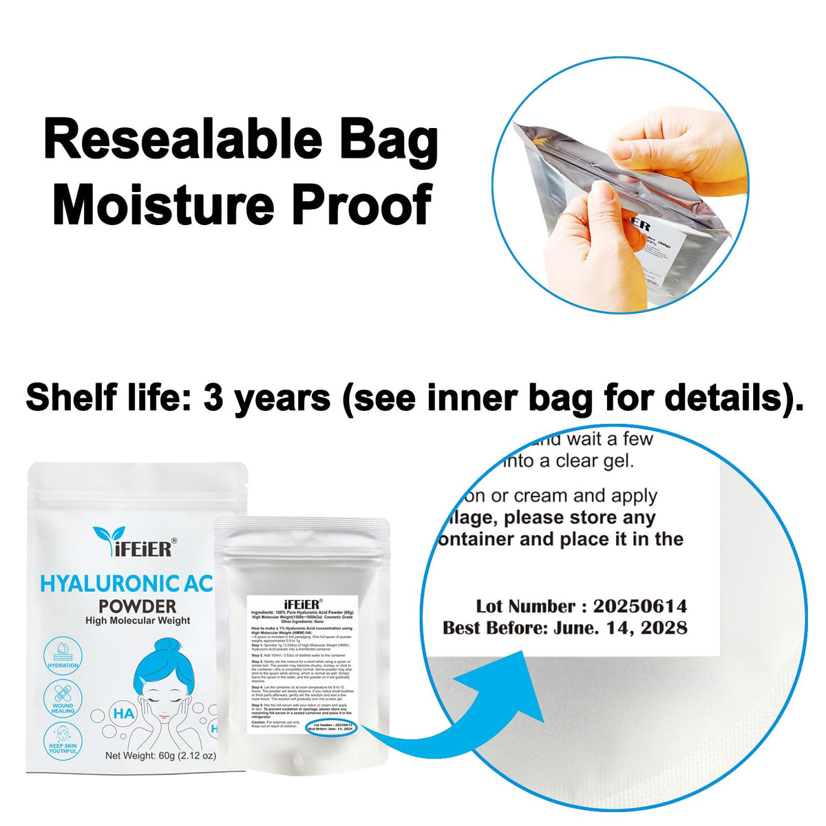 iFEiER label and ingredient list emphasizing pure sodium hyaluronate