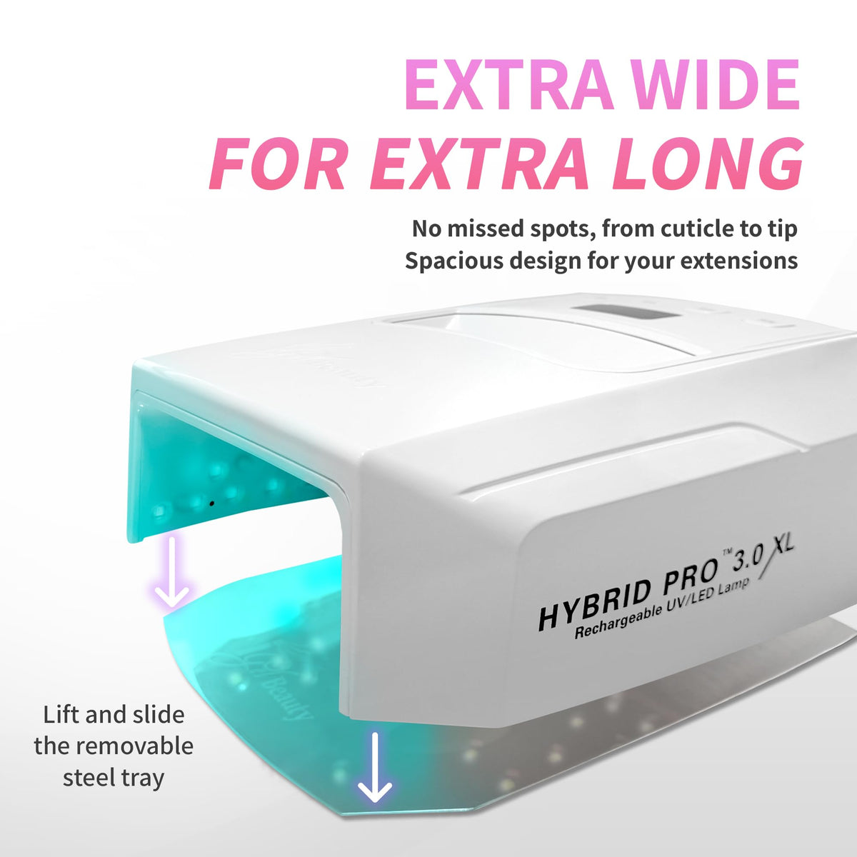 iGel Beauty open interior showing extra-wide curing space for XL nails