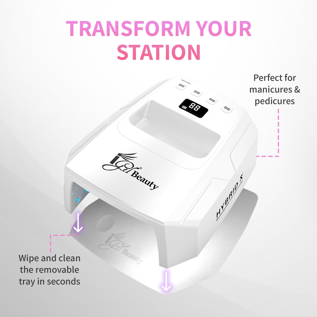 iGel Beauty Hybrid - X in a salon setting curing nails cordless for organized, mobile professional workflows