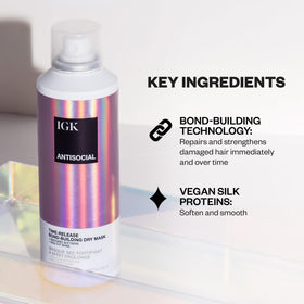 IGK Antisocial texture spray on hair strand highlighting lightweight smoothing and shine