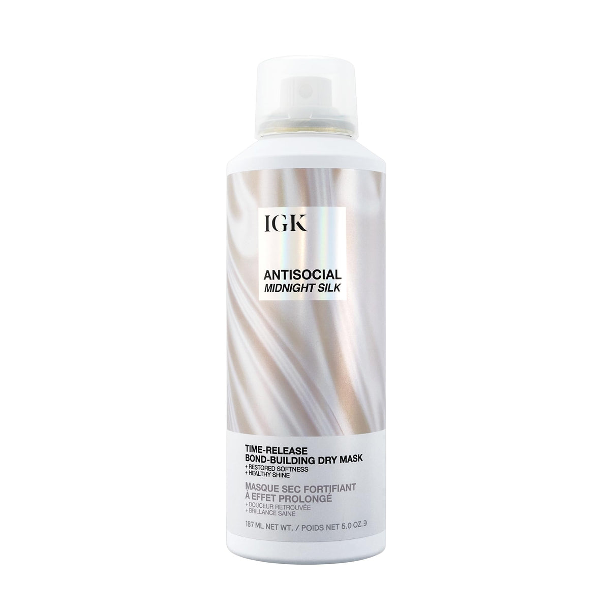 IGK Antisocial Midnight Silk front packaging showing the spray bottle, highlights quick repair