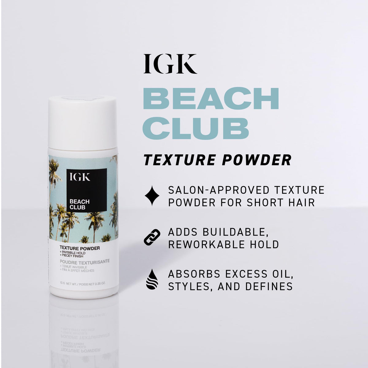 IGK BEACH CLUB open top view revealing fine powder texture for invisible volume