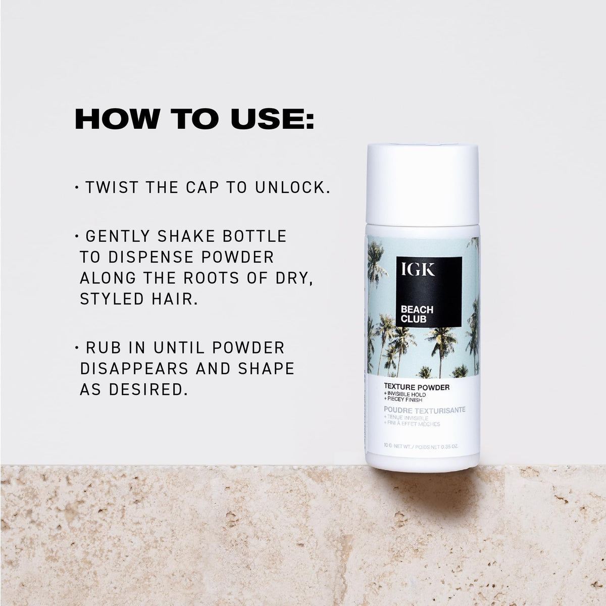 IGK BEACH CLUB close-up powder texture highlighting lightweight formula and no residue