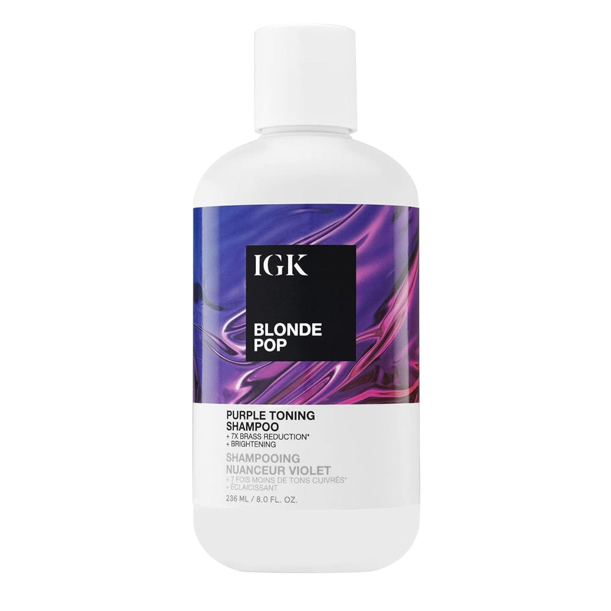 IGK Blonde Pop front bottle on white, shows product design and benefit of toning